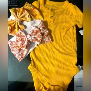 Yellow Ribbed Baby Onesie with Bow Set